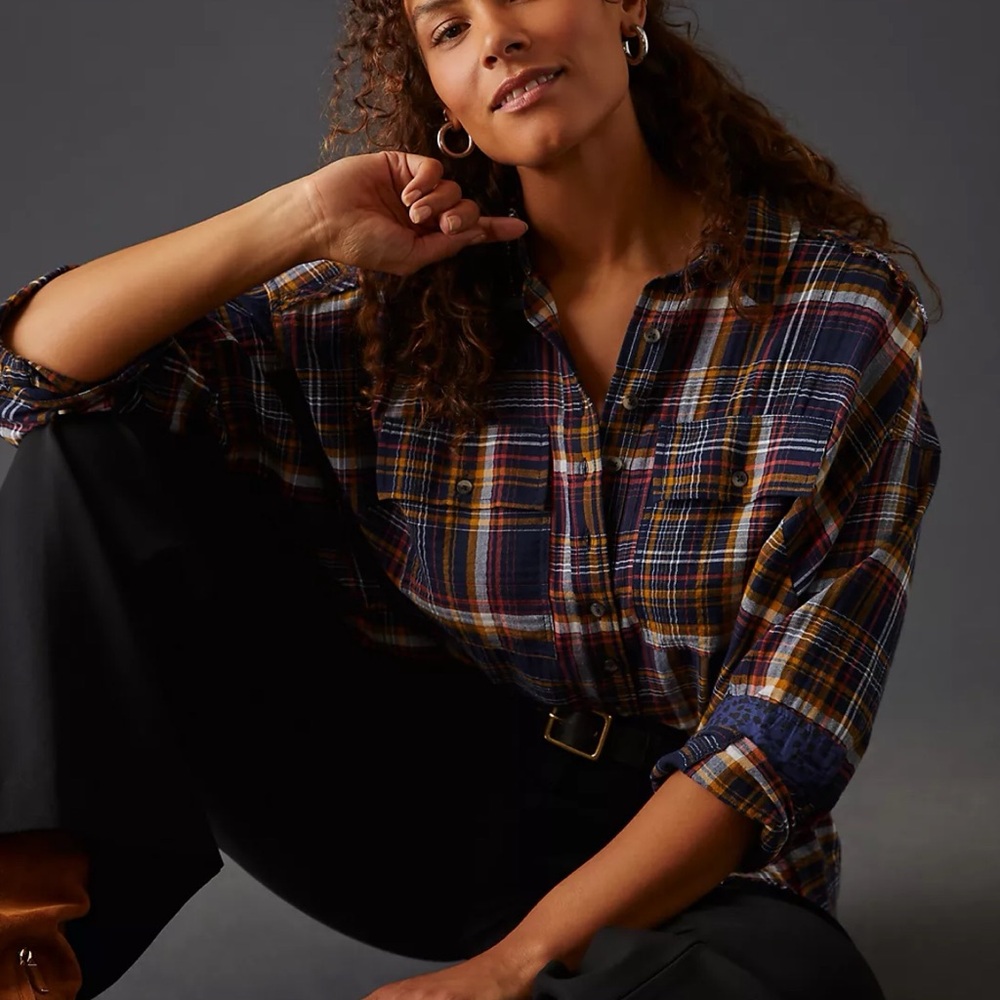 Anthropologie Pilcro Cropped Plaid Button-Down Shirt Top Blue Small Oversized - Picture 6 of 16
